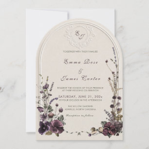 Dark Fig Monogram Dried Botanical Arch Wedding QR Invitation