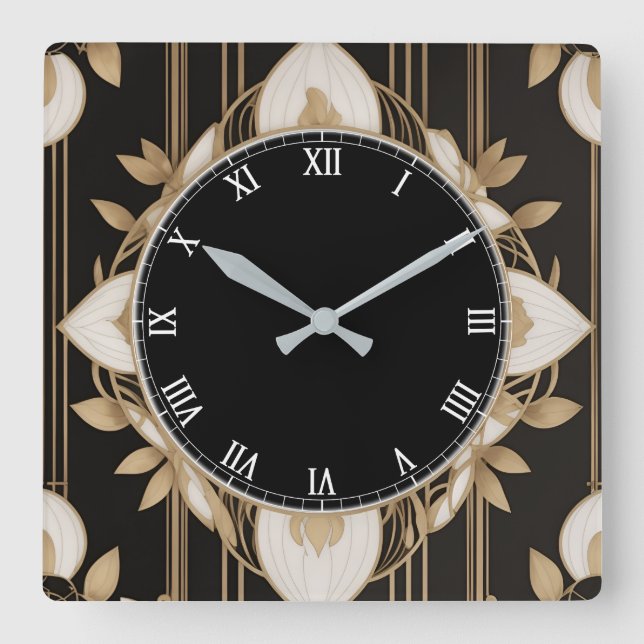 Dark Floral Art Deco Clock in Black White and Gold (Front)