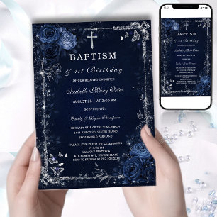 Dark Floral Baptism Invitation Moody Deep Blue