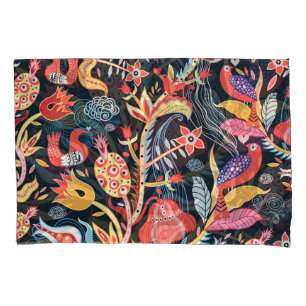 Dark Floral Birds: Ornamental Pattern. Pillowcase