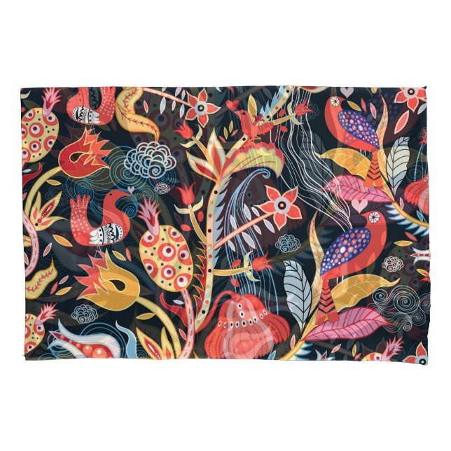 Dark Floral Birds: Ornamental Pattern. Pillowcase (Front)