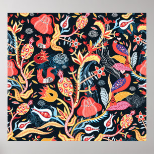 Dark Floral Birds: Ornamental Pattern. Poster