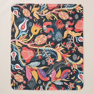 Dark Floral Birds: Ornamental Pattern. Sherpa Blanket