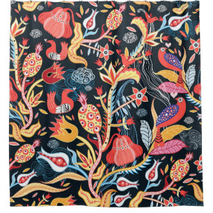 Dark Floral Birds: Ornamental Pattern. Shower Curtain