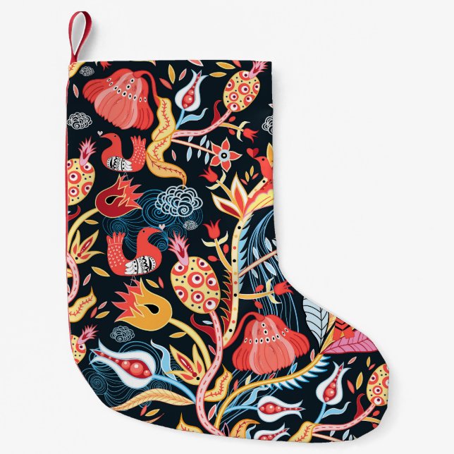 Dark Floral Birds: Ornamental Pattern. Small Christmas Stocking (Front)