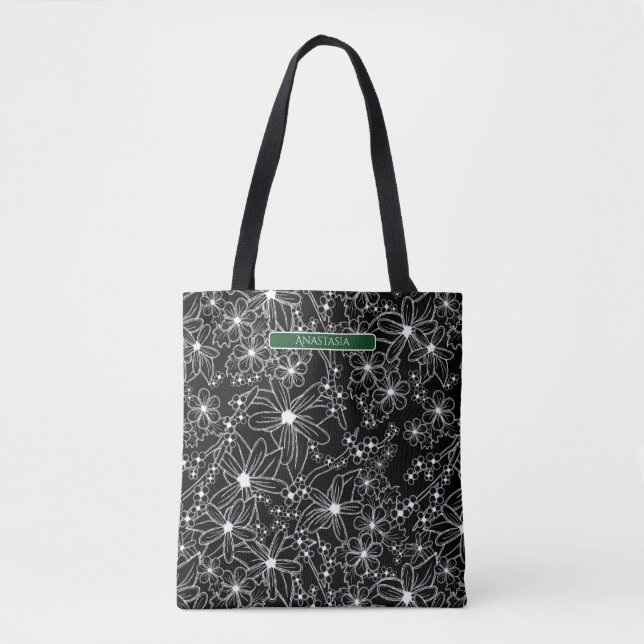 Dark Floral Black White Pattern Green Name Tote Bag (Front)