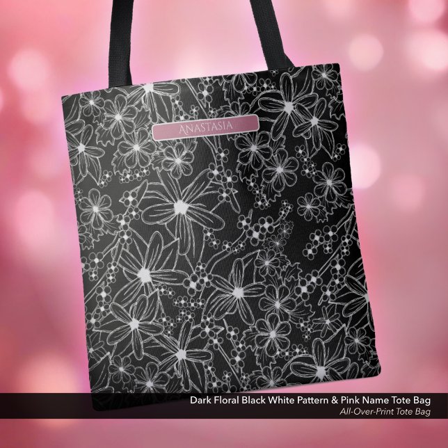 Dark Floral Black White Pattern & Pink Name  Tote Bag (Dark Floral Black & White Pattern with Your Name and Pink Accents Tote Bag)