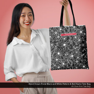 Dark Floral Black White Pattern & Red Name Tote Bag
