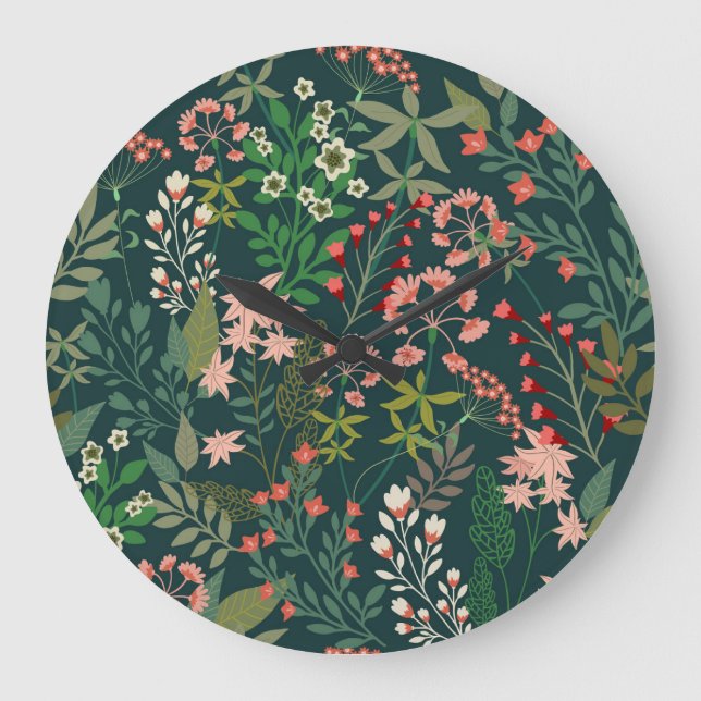 Dark Floral Botanical Seamless Pattern Large Clock (Front)