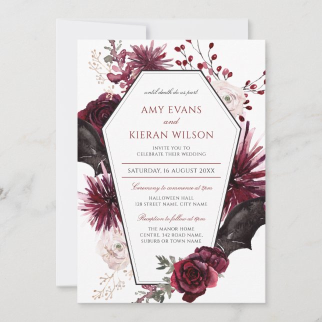 Dark Floral Burgundy & Black Halloween Wedding  In Invitation (Front)