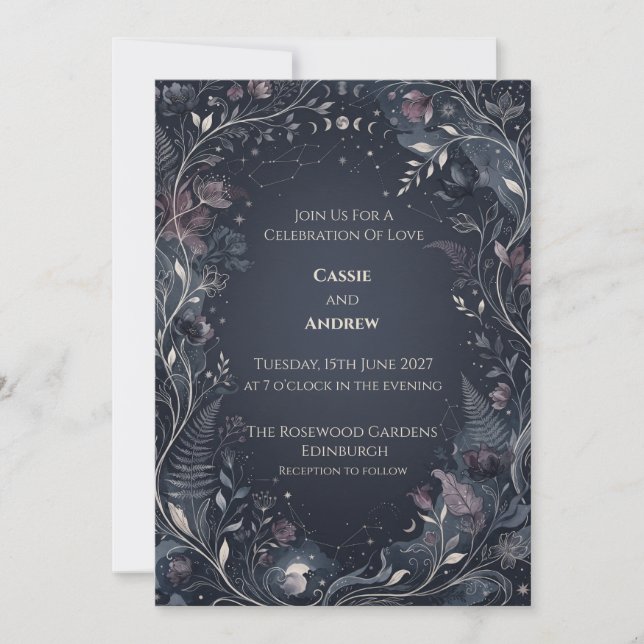 Dark Floral Celestial Moon Wedding Invitation (Front)