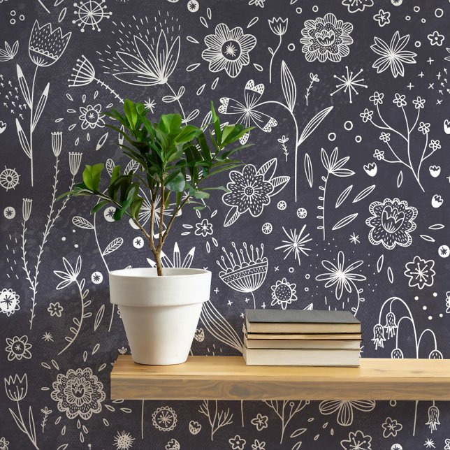 Dark Floral Chalkboard Grey Botanical Wallpaper (Chalkboard flowers  otanical slate gray art wallpaper)