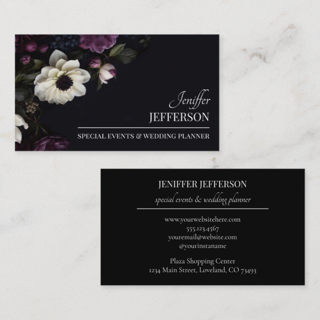 Dark Floral event wedding planner Business Card (Front/Back)