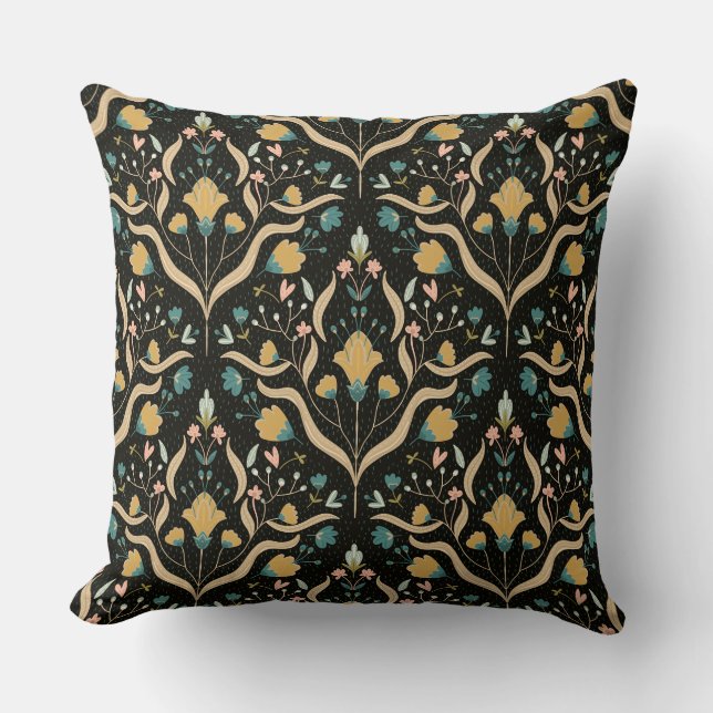 Dark floral folk pattern throw pillow (Front)