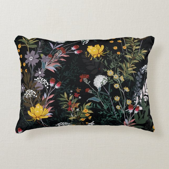 Dark Floral Garden: Blooming Night Pattern Decorative Cushion (Front)