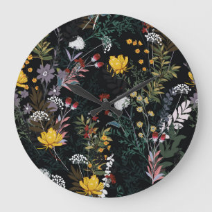 Dark Floral Garden: Blooming Night Pattern Large Clock