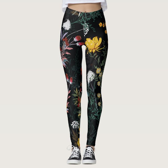 Dark Floral Garden: Blooming Night Pattern Leggings (Front)