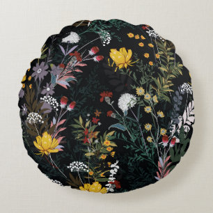 Dark Floral Garden: Blooming Night Pattern Round Cushion