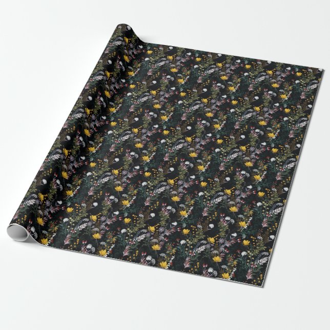 Dark Floral Garden: Blooming Night Pattern Wrapping Paper (Unrolled)