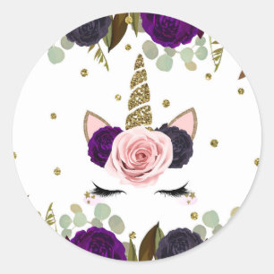 Dark Floral Glam Gold Glitter Unicorn Birthday Classic Round Sticker