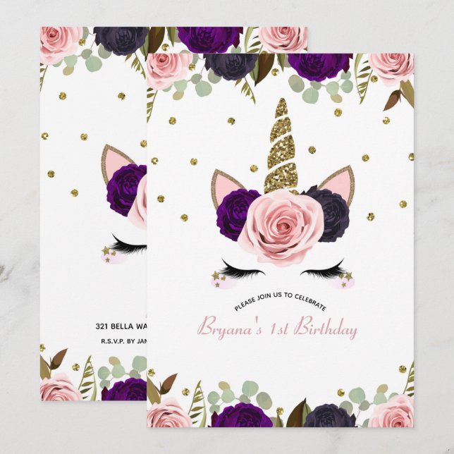 Dark Floral Glam Gold Glitter Unicorn Birthday Invitation (Front/Back)