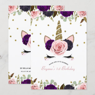 Dark Floral Glam Gold Glitter Unicorn Birthday Invitation