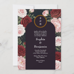 Dark Floral Gold Sparkle Wedding Invitation