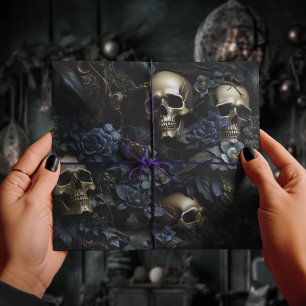 Dark Floral Gothic Black & Blue Skulls Creepy Wrapping Paper