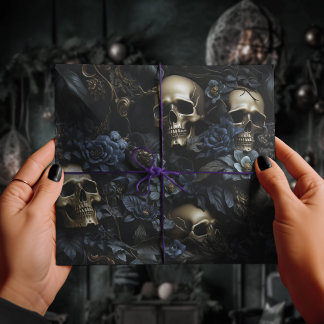 Dark Floral Gothic Black & Blue Skulls Creepy Wrapping Paper