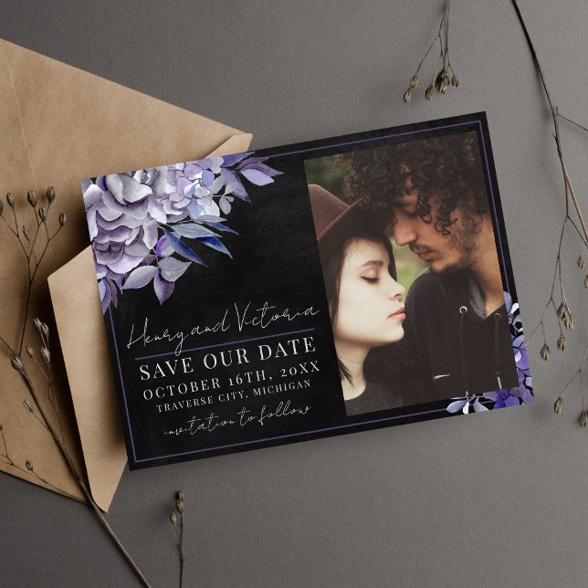 Dark Floral Gothic Black Purple Halloween Wedding Save The Date (Creator Uploaded)