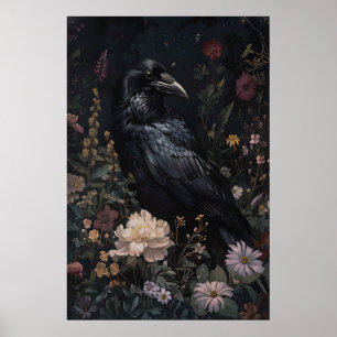 Dark Floral Gothic Raven Art Printable, Dark Acade Poster