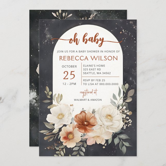 Dark Floral Greenery Botanical Boho Baby Shower  Invitation (Front/Back)