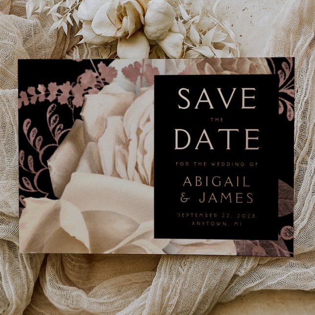 Dark Floral Ivory Rose Gold Wedding Save the Date (Creator Uploaded)