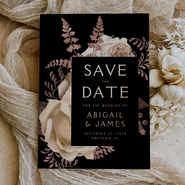 Dark Floral Ivory Rose Gold Wedding Save the Date (Creator Uploaded)