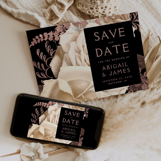 Dark Floral Ivory Rose Gold Wedding Save the Date Invitation (Creator Uploaded)