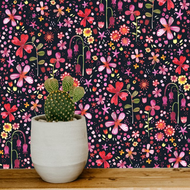 Dark Floral Modern Watercolor Wildflower Wallpaper (Watercolor wildflower dark floral art wallpaper)