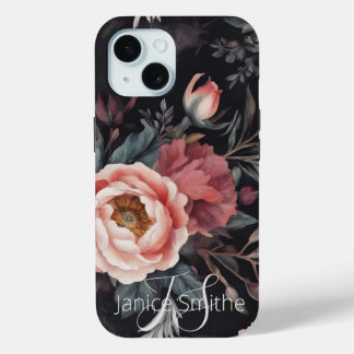Dark Floral Monogram iPhone 15 Case