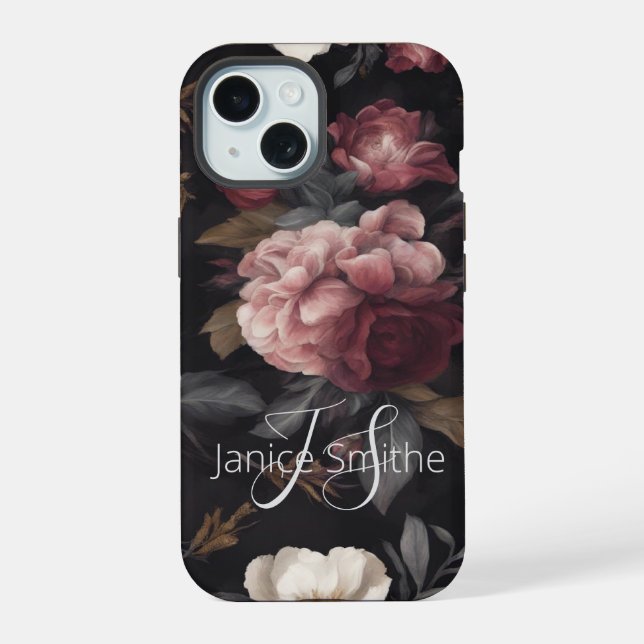 Dark Floral Monogram iPhone 15 Case (Back)