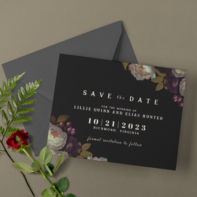 Dark Floral | Moody Classic Black and White Save The Date (Creator Uploaded)