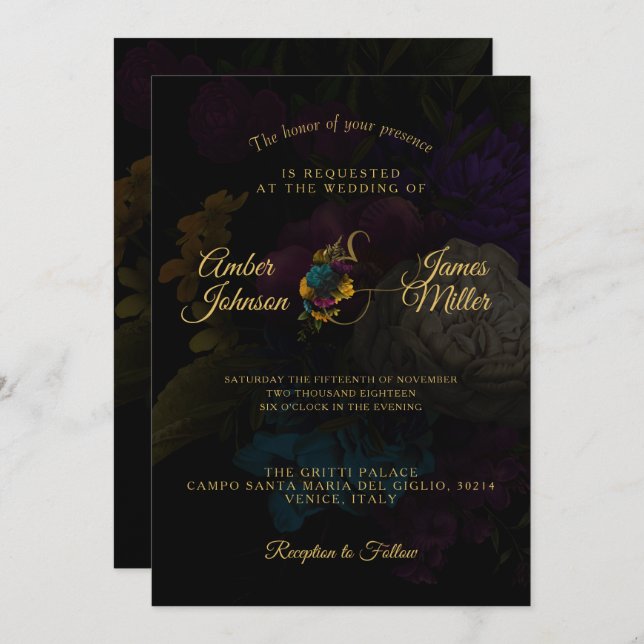Dark Floral Moody Monogram Wedding Invitation (Front/Back)