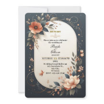 Dark Floral Navy and Peach Wedding Invitation
