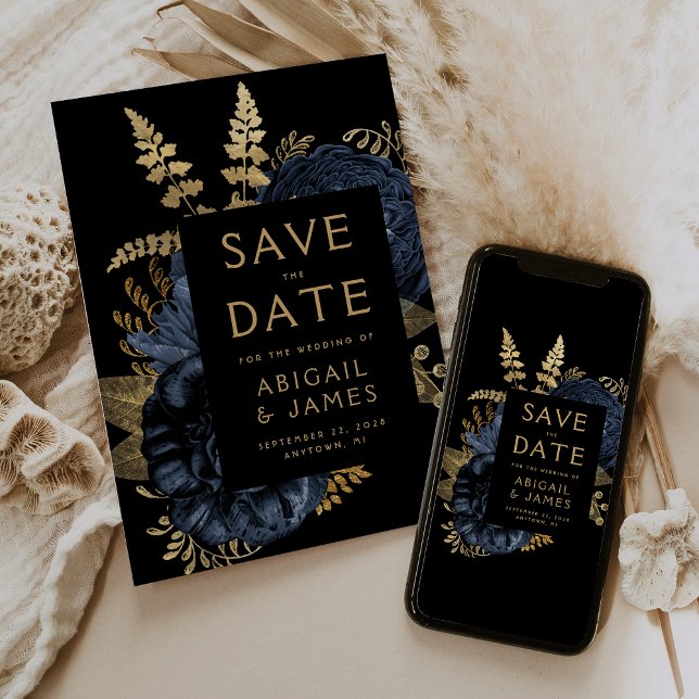 Dark Floral Navy Blue Gold Wedding Save the Date Invitation (Creator Uploaded)