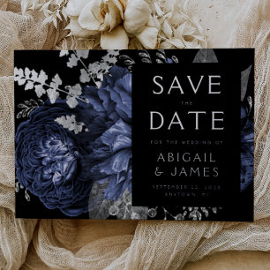 Dark Floral Navy Blue Silver Wedding Save the Date