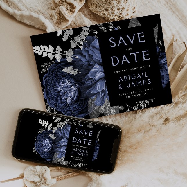 Dark Floral Navy Blue Silver Wedding Save the Date Invitation (Creator Uploaded)