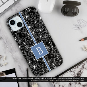 Dark Floral Pattern Black Blue Sketch Monogram iPhone 15 Mini Case