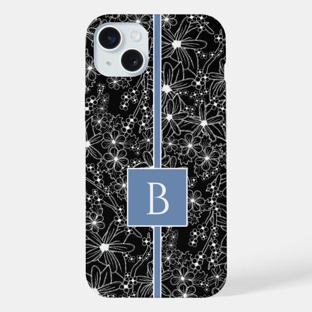 Dark Floral Pattern Black Blue Sketch Monogram iPhone Case (Back)