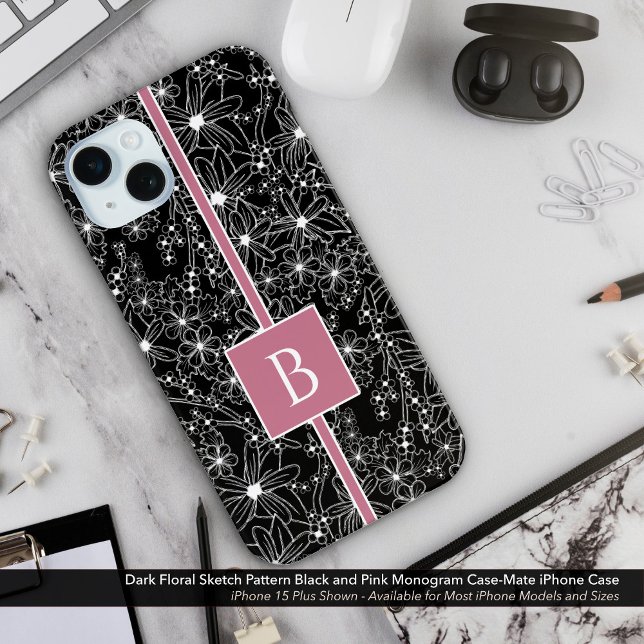 Dark Floral Pattern Black Pink Sketch Monogram Case-Mate iPhone Case (Dark Floral Sketch Look Pattern. Black Flowers with Pink Monogram Case-Mate iPhone Case)