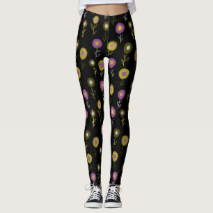 Dark Floral Pattern - Yellow Pink Round Flowers Leggings