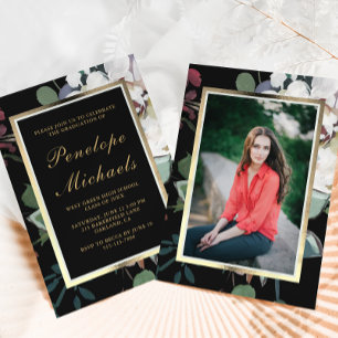 Dark Floral Photo Graduation Party Invitation