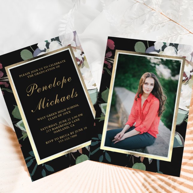 Dark Floral Photo Graduation Party Invitation (Creator Uploaded)